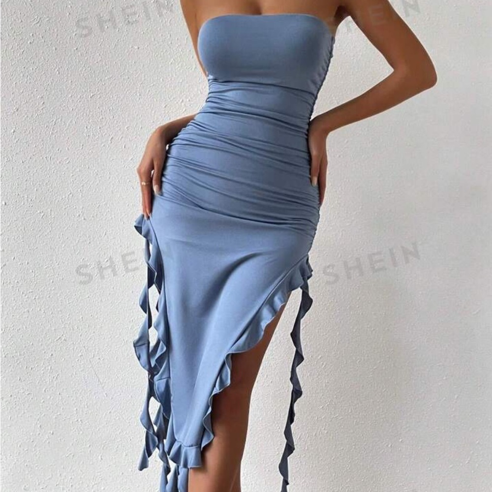 Ruffle trimmed ruched dress